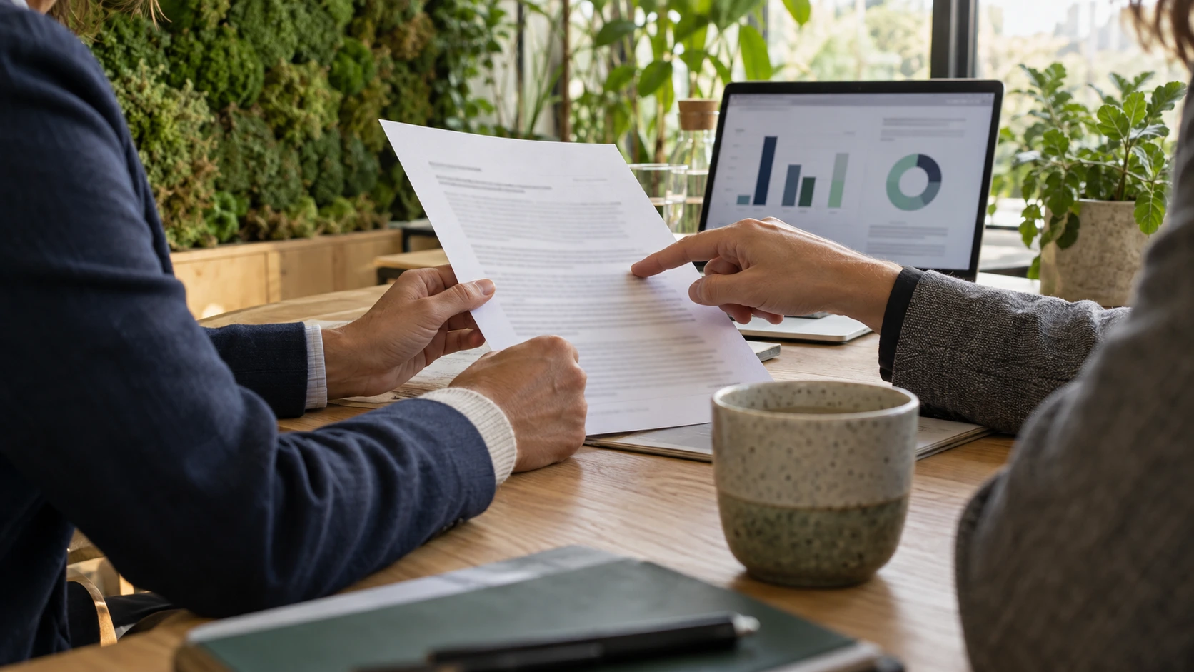 Due professionisti esaminano insieme un documento al tavolo, con un laptop che mostra grafici sui dati ESG sullo sfondo.