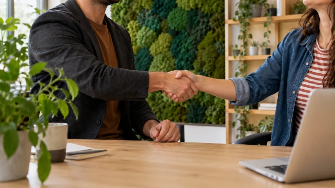 Consulente e cliente si stringono la mano al tavolo, in un ufficio con parete verde e piante.